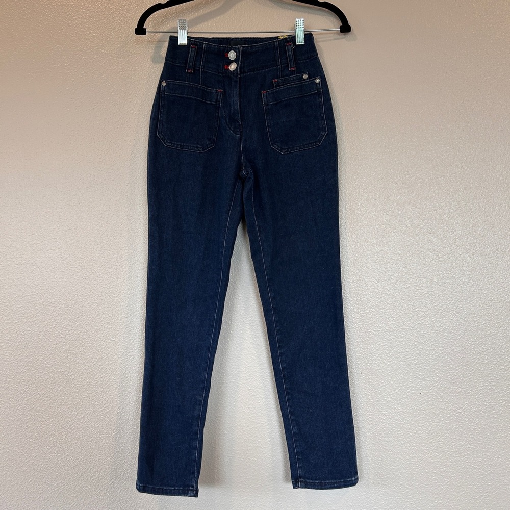 Maeve by Anthropologie Dark Wash Slim Straight Jeans Red Stitching 24P